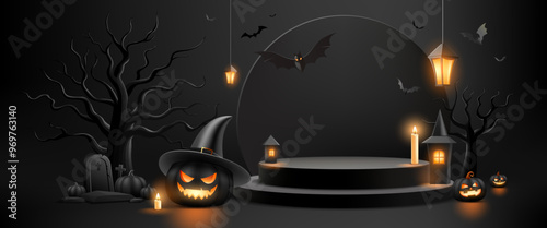 Happy Halloween black podium, Spooky trees and glowing pumpkins and bat flying, Light from lamps and candles, banner design on black background, Eps 10 vector illustration
