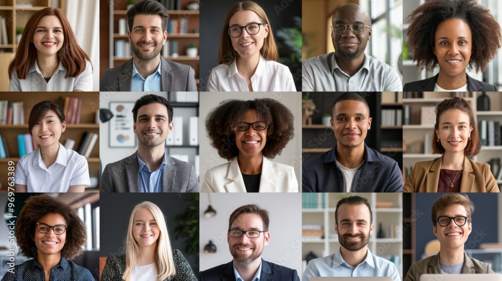 Grid of diverse smiling professionals in different work environments, showcasing business team portraits Grid of diverse smiling professionals in different work environments, showcasing business team portraits