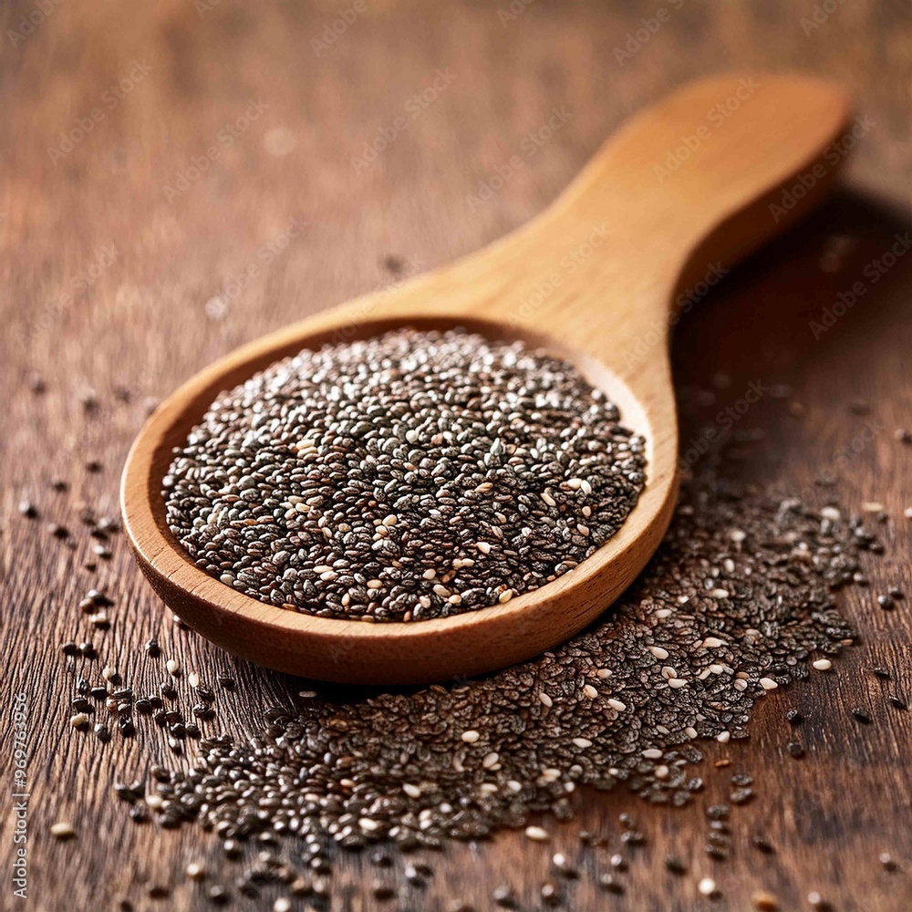Healthy Chia seeds in a wooden spoon on the table Healthy Chia seeds in a wooden spoon on the table