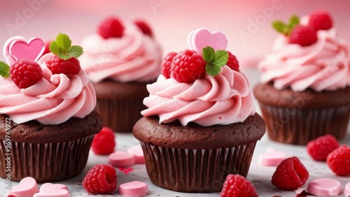 Chocolate cupcakes with pink cream, sugar hearts and fresh raspberries for Valentine's Day.