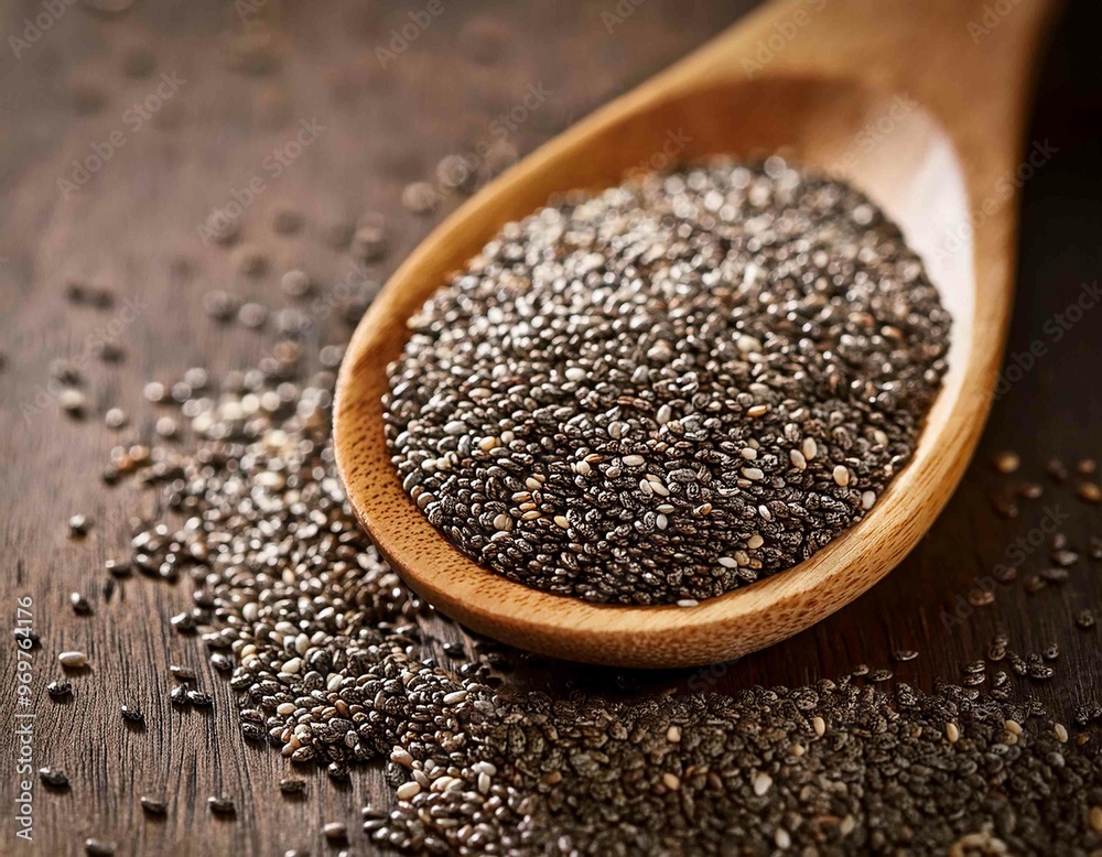 Healthy Chia seeds in a wooden spoon on the table Healthy Chia seeds in a wooden spoon on the table