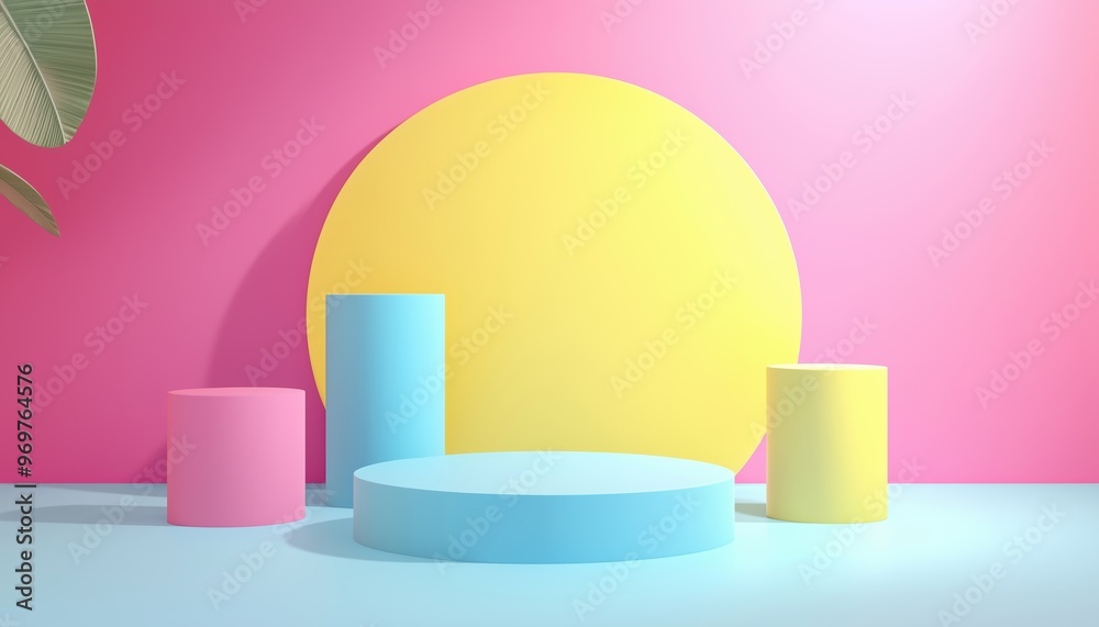 Abstract 3d Background With Realistic Cylinder Pedestal Podium In Blue, Yellow, And Pink. Minimal Scene Mockup Product For Promotion Display. Geometric Forms. Abstract 3d Background With Realistic Cylinder Pedestal Podium In Blue, Yellow, And Pink. Minimal Scene Mockup Product For Promotion Display. Geometric Forms.
