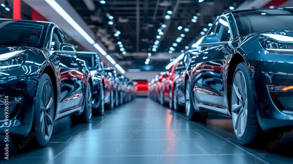 Row of electric vehicles in a modern dealership showroom under bright lights Row of electric vehicles in a modern dealership showroom under bright lights