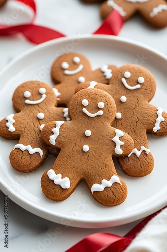 Four gingerbread men cookies on a white plate with red ribbon.