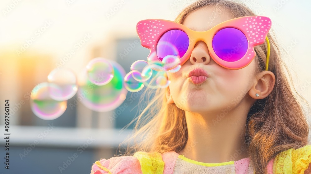 Young girl with butterfly-shaped sunglasses, blowing bubbles on a rooftop, playful and whimsical