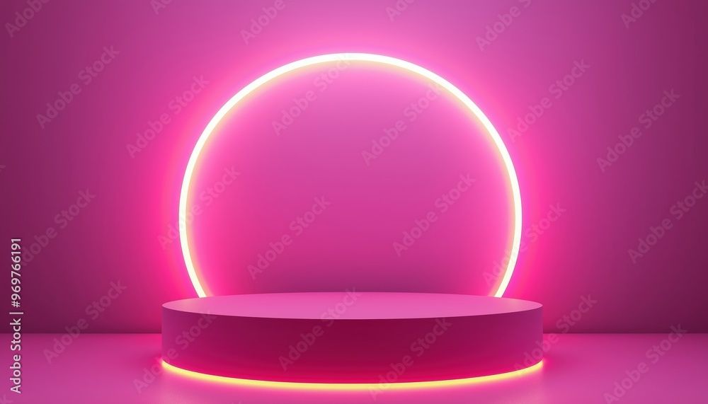 Minimalistic Scene Featuring Realistic Pink 3d Cylinder Pedestal Podium And Neon Semi-Circle Lamp For Product Showcase. Geometric Platform Design. Minimalistic Scene Featuring Realistic Pink 3d Cylinder Pedestal Podium And Neon Semi-Circle Lamp For Product Showcase. Geometric Platform Design.