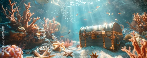 A treasure chest lays on the ocean floor surrounded by coral, starfish and fish. photo