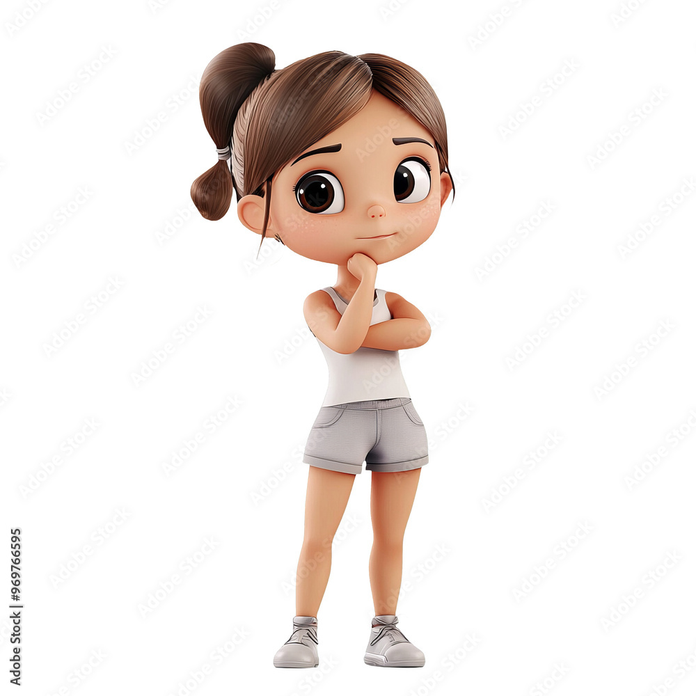 A cute 3D cartoon girl standing confidently with a thoughtful pose in casual athletic wear. A cute 3D cartoon girl standing confidently with a thoughtful pose in casual athletic wear.