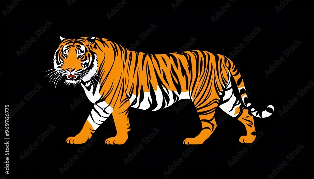 Obraz premium A stylized illustration of a tiger on a black background, showcasing its vibrant colors.