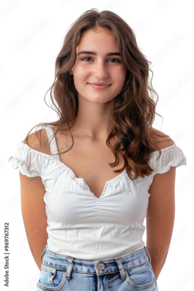 young beautiful woman in white top and jeans pants having her arms behind back and smiling isolated on white or transparent png young beautiful woman in white top and jeans pants having her arms behind back and smiling isolated on white or transparent png
