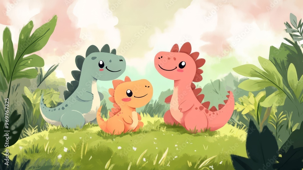 Naklejka premium Cute cartoon dinosaurs in a lush green forest, enjoying a sunny day. Perfect for children's illustrations and storytelling.