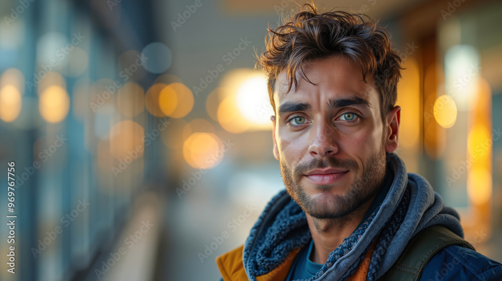 A man with a scarf around his neck looking at the camera A man with a scarf around his neck looking at the camera