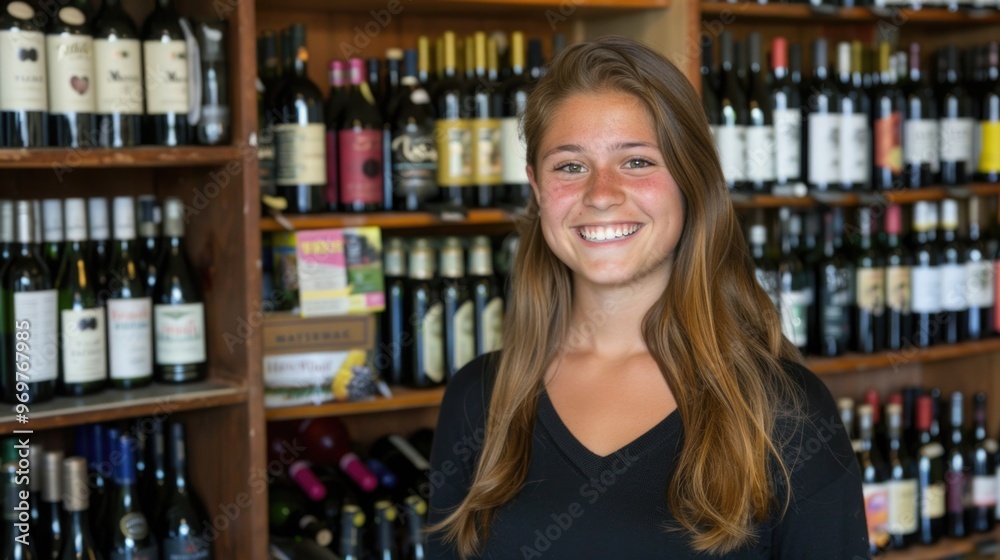 A young woman smiles warmly in front of shelves overflowing with wine bottles A young woman smiles warmly in front of shelves overflowing with wine bottles