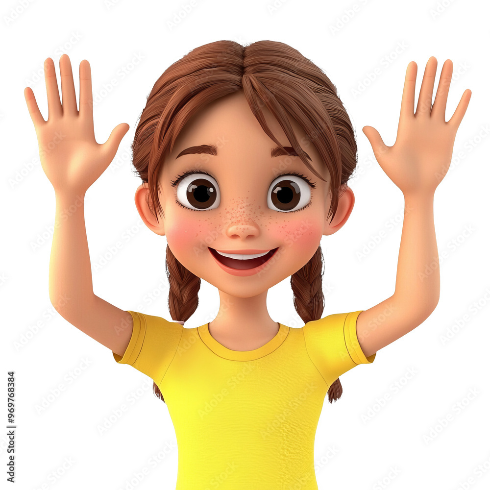Cheerful girl with braided hair wearing a yellow shirt, raising her hands in excitement and joy. Cheerful girl with braided hair wearing a yellow shirt, raising her hands in excitement and joy.