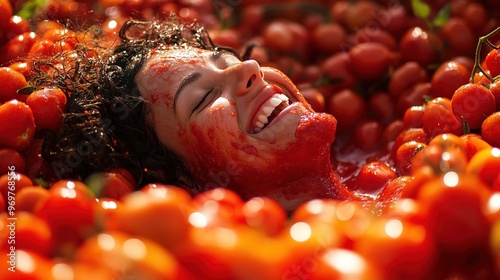 Woman covered in tomatoes laughing at tomato festival photo