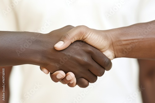 Two hands, one dark and one light, clasp in a gesture of unity and understanding photo