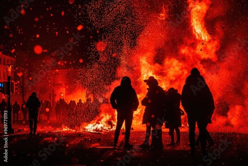 Silhouettes of Protesters During Fiery Night Riots Amid Intense Flames and Chaos