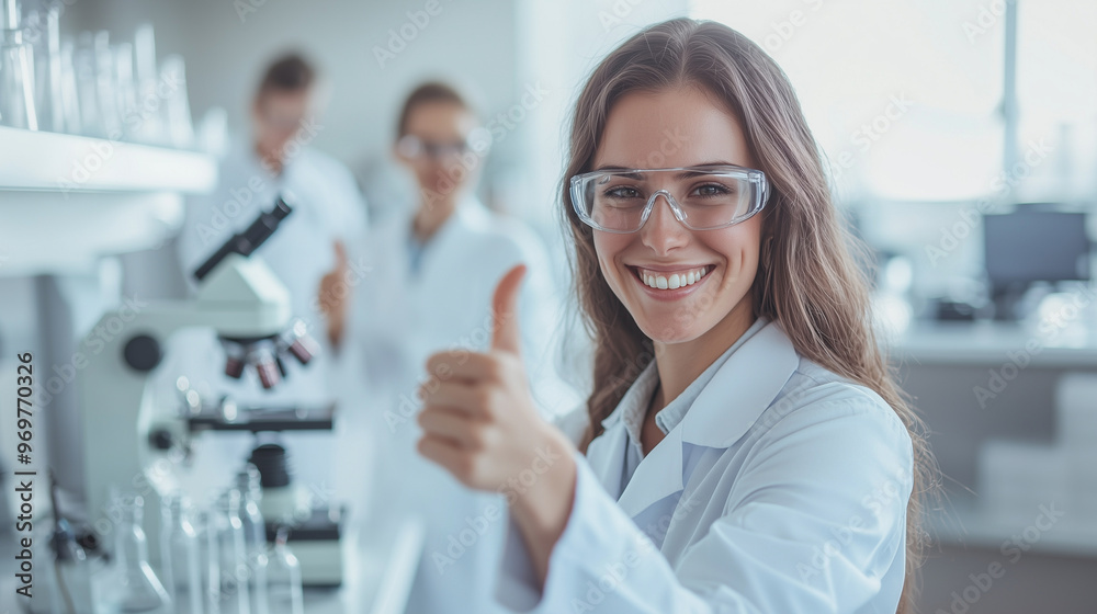 Fototapeta premium Group of Clinical Researchers Smiling and Giving Thumbs Up in Laboratory: Microscope, Test Tubes, and Glass Apparatus in Background, Light Background. photo