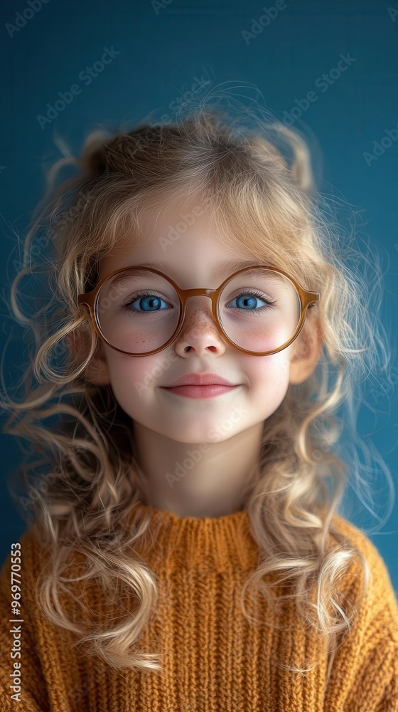 cheerful young girl with curly blonde hair wearing oversized quirky glasses vibrant blue background studio portrait playful and innocent expression capturing childhood joy cheerful young girl with curly blonde hair wearing oversized quirky glasses vibrant blue background studio portrait playful and innocent expression capturing childhood joy