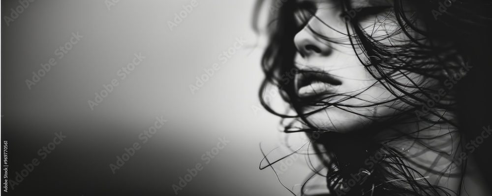 WindBlown Hair and Contemplative Expression: Black and White Artistic Portrait of Woman with Flowing Locks WindBlown Hair and Contemplative Expression: Black and White Artistic Portrait of Woman with Flowing Locks
