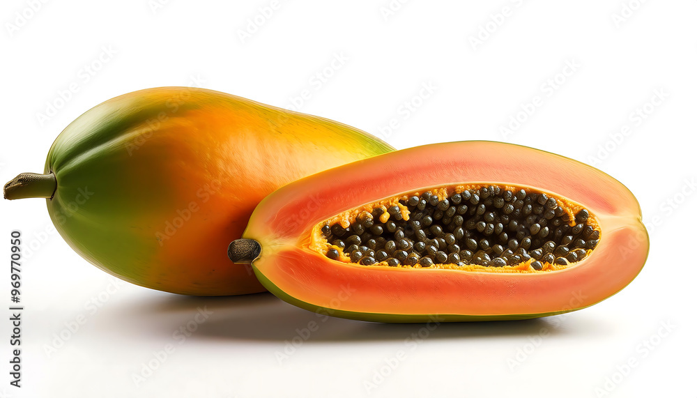Whole and halved pawpaw fruit on a white background, perfect for culinary, exotic fruit, and food preparation Whole and halved pawpaw fruit on a white background, perfect for culinary, exotic fruit, and food preparation