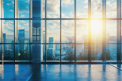 Modern Office Building Interior with Energy-Efficient Windows Reflecting City Skyline