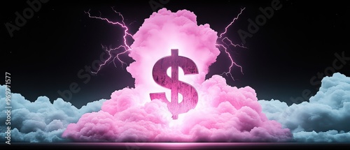 A dramatic depiction of wealth with a dollar symbol emerging from a pink cloud, illuminated by lightning bolts in a dark sky.