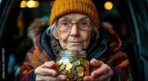 A woman wearing a yellow hat and glasses is holding a jar full of coins. She is giving the jar to someone, possibly a homeless person. Concept of generosity and kindness photo