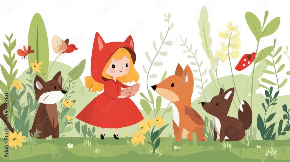 Naklejka premium Illustration of a girl in a red hood with woodland animals around her, set in a vibrant forest with flowers and greenery.
