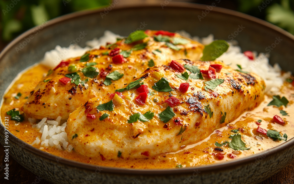 A bowl of rice and chicken with a sauce. The sauce is orange and has a spicy flavor