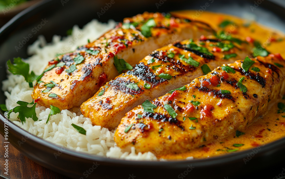 A plate of food with grilled chicken and rice. The chicken is cut into pieces and is served with a sauce. The rice is cooked and is in the background