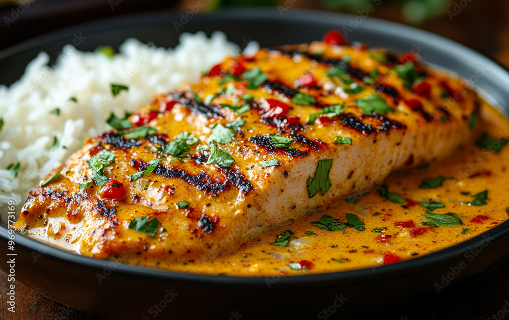 A plate of food with a grilled fish and rice. The fish is covered in a sauce and has a lot of seasoning