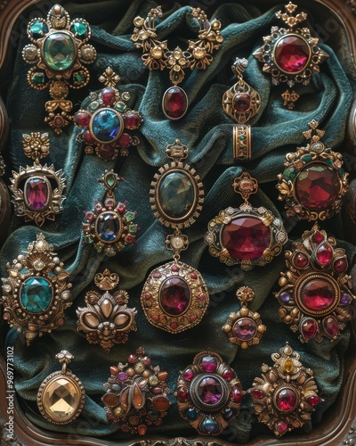 A collection of exquisite vintage jewelry pieces, featuring intricate designs and colorful gemstones, beautifully arranged on fabric.