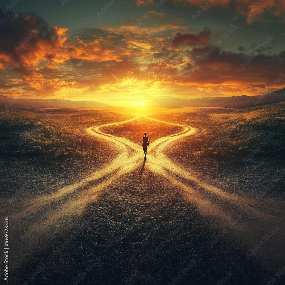 Fork in road at sunset, with a person standing at the intersection, contemplating which path to take, fork in road at sunset, life decisions