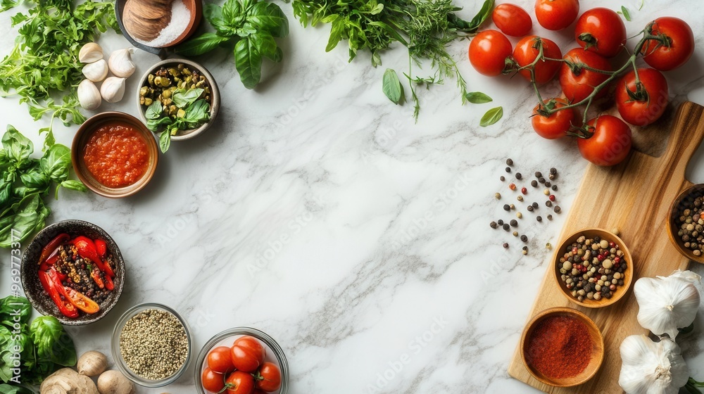 Kitchen work surface with a variety of fresh ingredients, ready for meal prep, kitchen work surface, culinary creativity