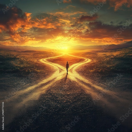 Obraz na płótnie Fork in road at sunset, with a person standing at the intersection, contemplating which path to take, fork in road at sunset, life decisions w salonie