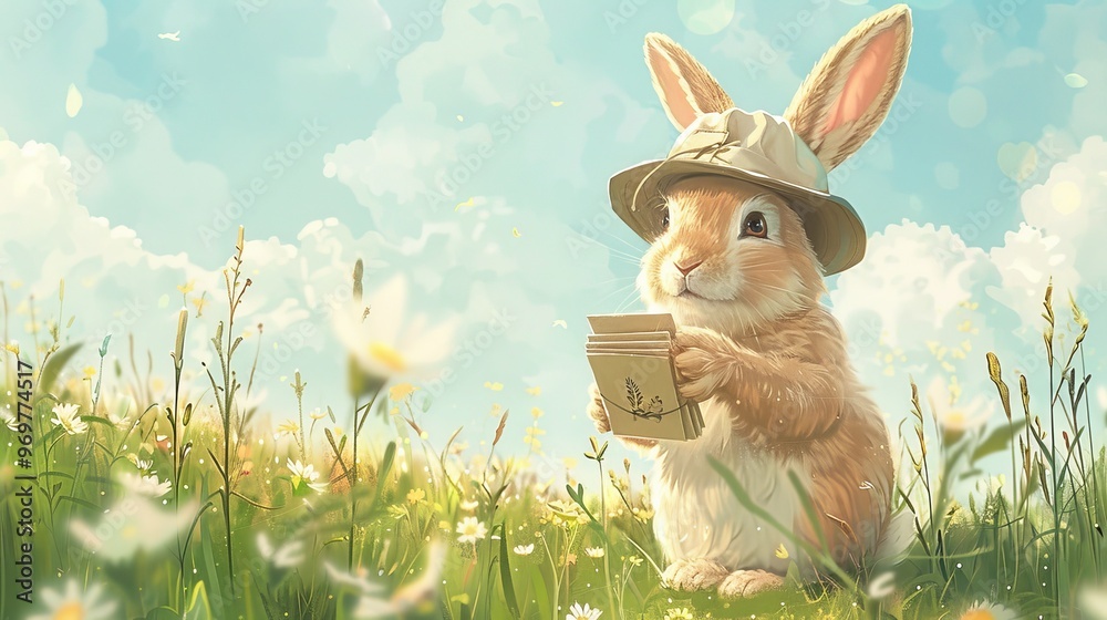 Fototapeta premium A cute rabbit in a hat sits in a meadow, holding a small package among blooming flowers under a sunny sky.