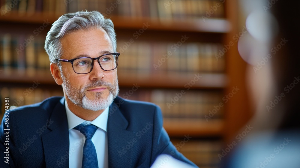 A middle-aged male lawyer with silver hair and glasses is attentively listening during a professional discussion A middle-aged male lawyer with silver hair and glasses is attentively listening during a professional discussion