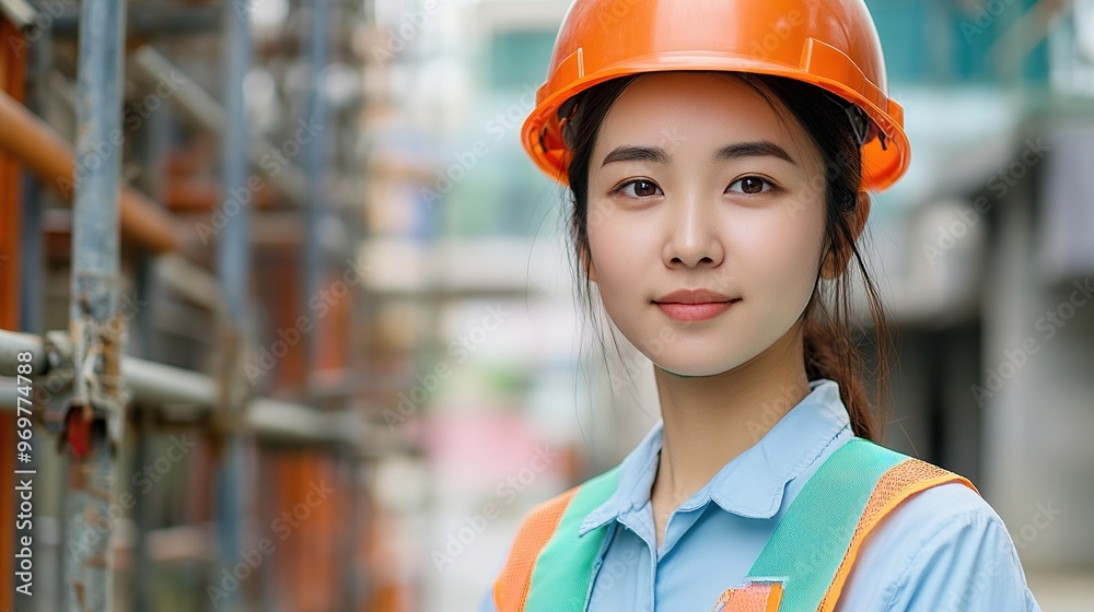 Young woman construction worker wearing safety gear at a worksite Young woman construction worker wearing safety gear at a worksite
