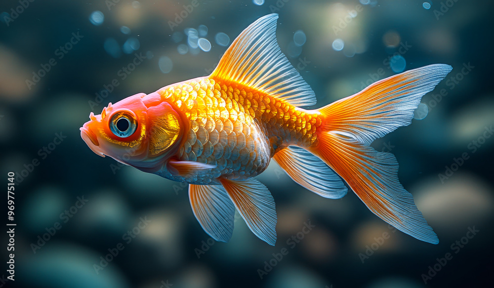 A goldfish swimming in a tank with rocks and pebbles. The fish is swimming in the water and he is enjoying itself A goldfish swimming in a tank with rocks and pebbles. The fish is swimming in the water and he is enjoying itself