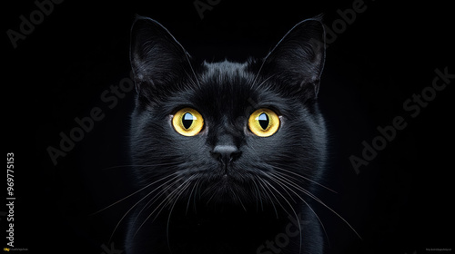 black cat with striking yellow eyes on dark background