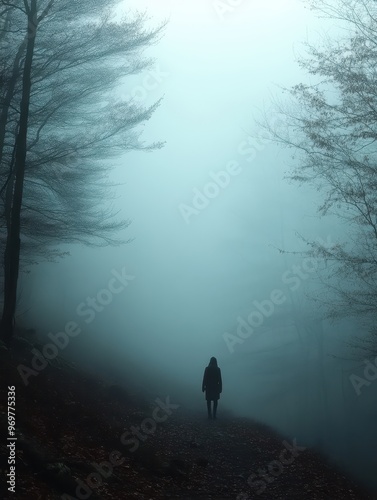 A solitary figure walks along a misty forest path surrounded by leafless trees, evoking a sense of mystery and isolation perfect for themes like solitude, mystery, introspection, or eerie atmospheres