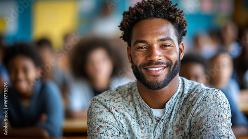 A man with a beard and a smile is sitting in a classroom with other people. He is the center of attention and he is happy