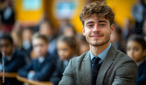 A man in a suit and tie is smiling at the camera. He is surrounded by a group of people, some of whom are sitting and others standing. The atmosphere seems to be casual and friendly photo