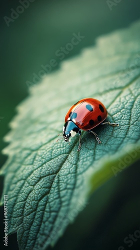 Ladybug on green leaf in macro photography