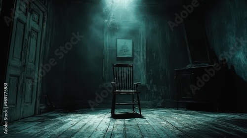 A creepy, dimly-lit room with an old wooden chair, peeling walls, and cobwebs, suggesting an abandoned place perfect for horror themes or Halloween designs, photo