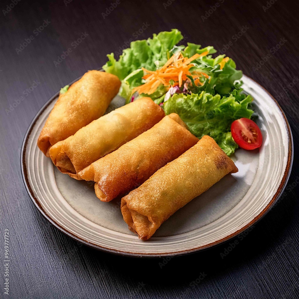 fried spring rolls on a plate with salad fried spring rolls on a plate with salad