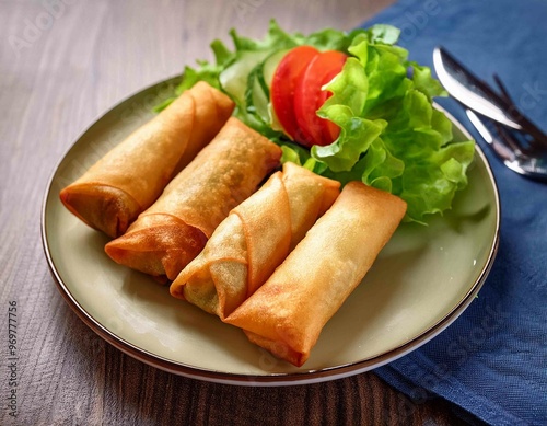 fried spring rolls on a plate with salad