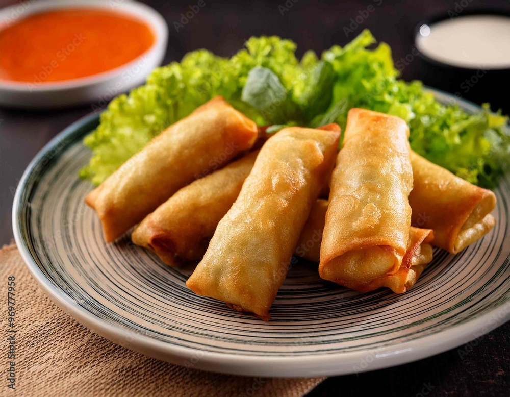 fried spring rolls on a plate with salad fried spring rolls on a plate with salad
