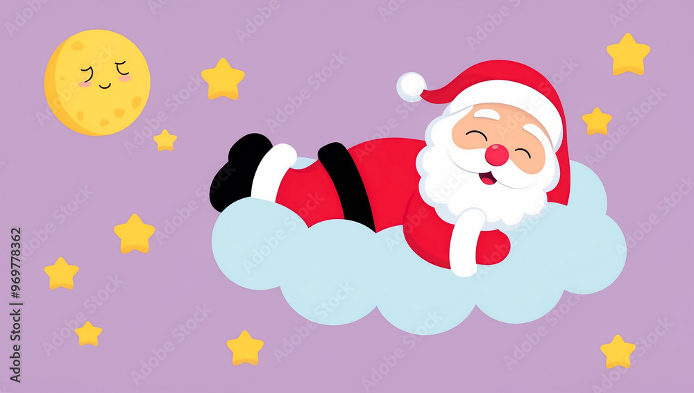 Little cartoon Santa Claus sleeping on a cloud, flat design illustration Little cartoon Santa Claus sleeping on a cloud, flat design illustration